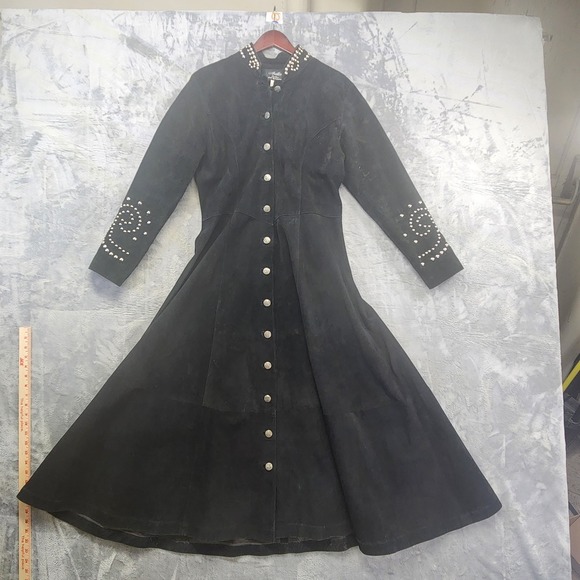 Vintage Arella Studded Suede Western‎ Duster Coat Dress Women's L Black Leather - Picture 7 of 12